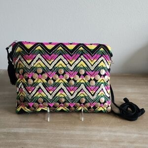 Bohemian Colorful Zigzag Embroidered Crossbody Clutch with Tassel